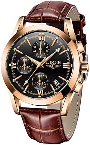 LIGE Mens Watches Leather Fashion Dress Wristwatch Analog Quartz Watch Men Date Business Dress Watch Gents Waterproof Sport Casual Watch Clock Gold