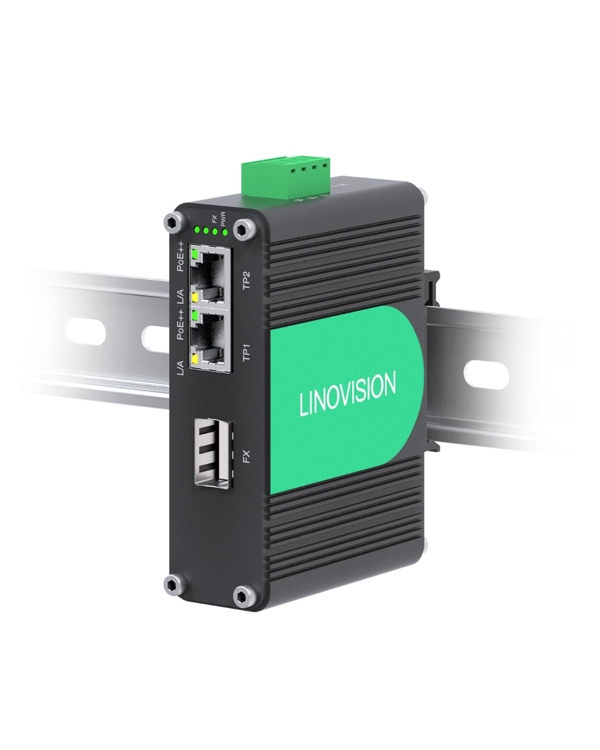 LINOVISION Industrial 2 Puertos gigabit BT90W PoE++ Switch con Fibra SFP Uplink, IEEE802.3af/at/BT Mini PoE Switch, IP40, Inyector PoE Compacto para Cámara PTZ, Iluminación PoE, Teléfono VoIP