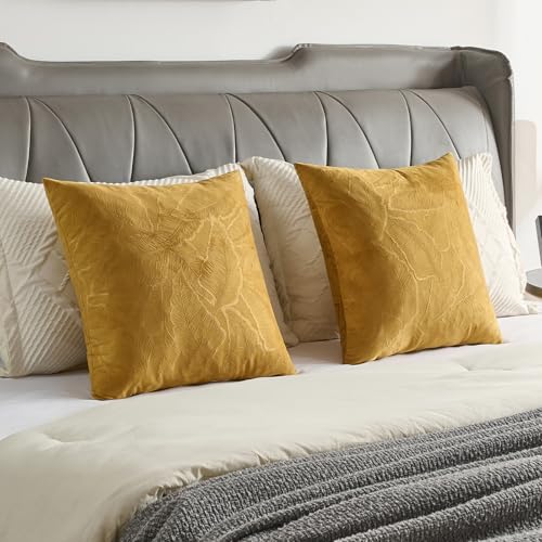 Image of FUTEI Pack of 2 Velvet Throw Pillow Covers 24x24 Inch Soft Embossed Leaf-Relief Textured Decorative European Cushion Cases Modern Natural Farmhouse Accent for Couch Bed Living Room, Golden Yellow
