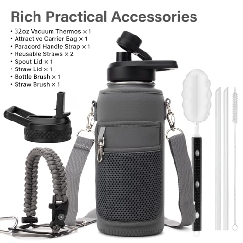 Insulated Water Bottle | Thickened Stainless Steel Vacuum Metal | Portable Sports Water Jug for Gym and Hiking with Straw, Carrier Bag, Handle Strap | BPA-Free 32 oz