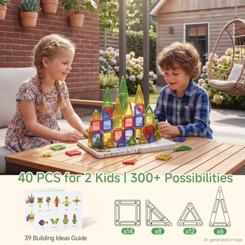 Image of Mini Magnetic Tiles for Kids Travel 60 Mins Quiet Play 30s Cleanup | 40 PCS Cartoon Tin Box Magnet Building Blocks to Stop Crying - Birthday Gift Boys Girls Age 3-8