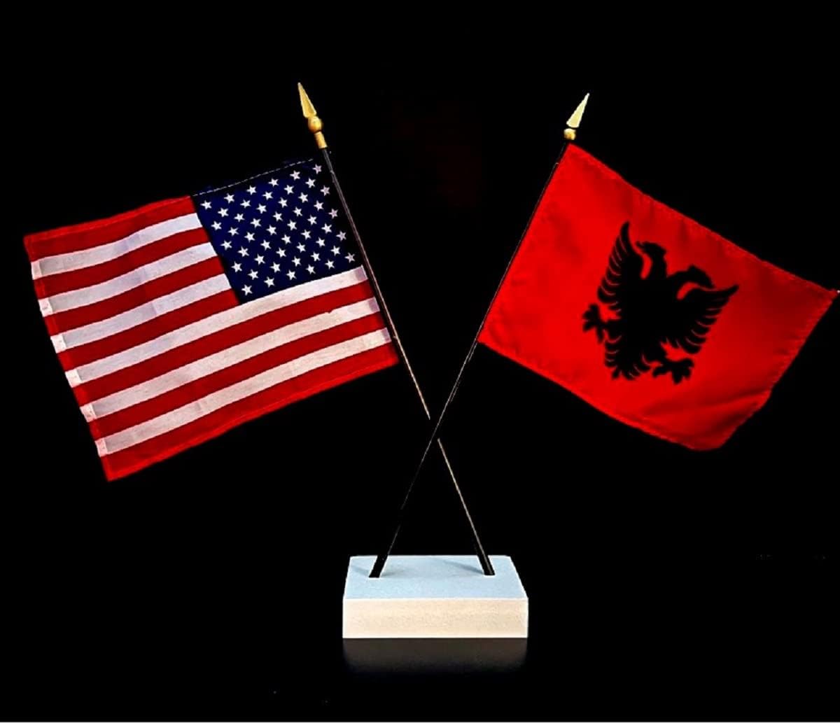 1 American and 1Albania Desk Flag Set with Crossed Base; American Made Miniature Rayon 4"x6" Flags. Set Contains 2 Little Hand Waving Flags and Crossed White Stand