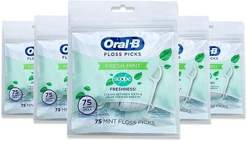 Oral-B Floss Picks Fresh Mint con alcance de frescura, resistente a las trituraciones, 75 unidades (paquete de 5)