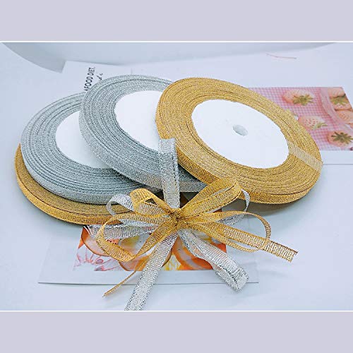 4 Roll Glitter Metallic Ribbon,Gold Silver Glitter Ribbon for Gift Crafters Wedding Party Brithday Wrap Hair Bows Floral Projects Wrapping Decorations DIY Crafts Arts(1 4inx22m)