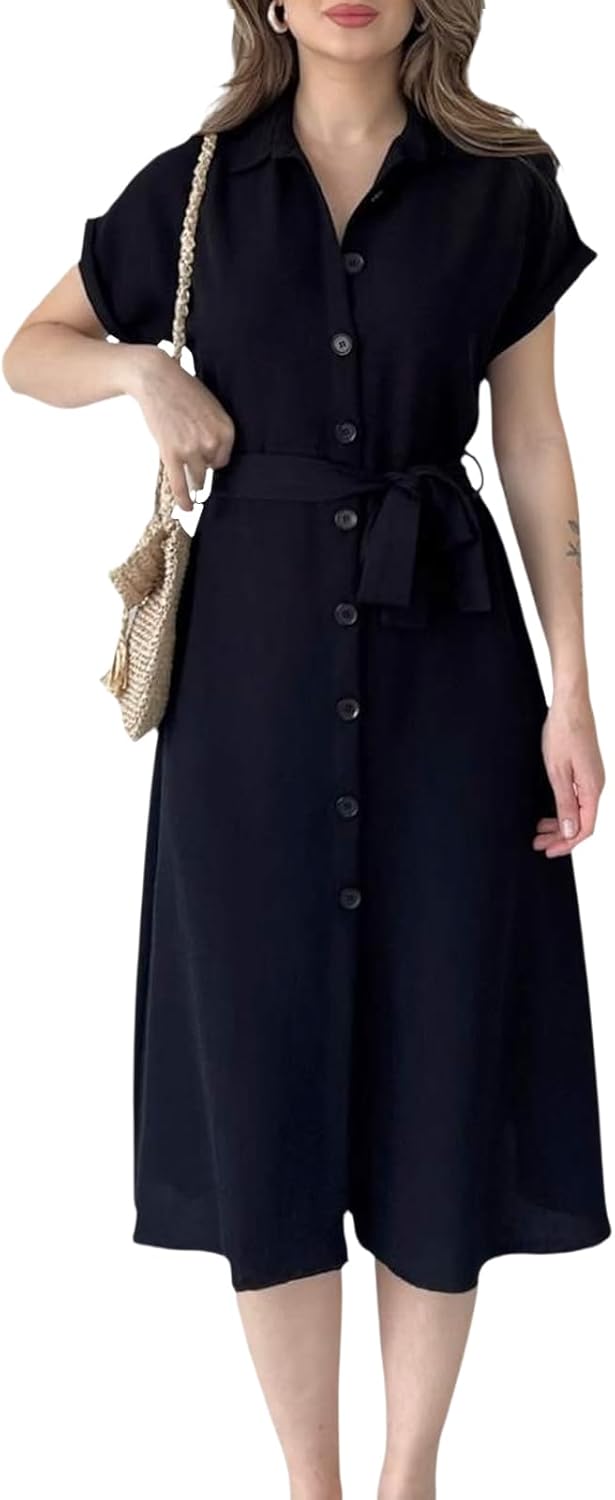 Women's Short Sleeve Button Down Shirt Dress Casual Loose Belted Summer Midi Dress