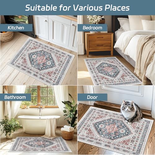 Madane Washable Area Rug 2x3, Small Entryway Rug Non-Slip Vintage Door Mat Indoor Entrance, Low Pile Floor Carpet for Inside Front Door Bedroom Kitchen Entry Laundry (2'x3', Navy Blue)