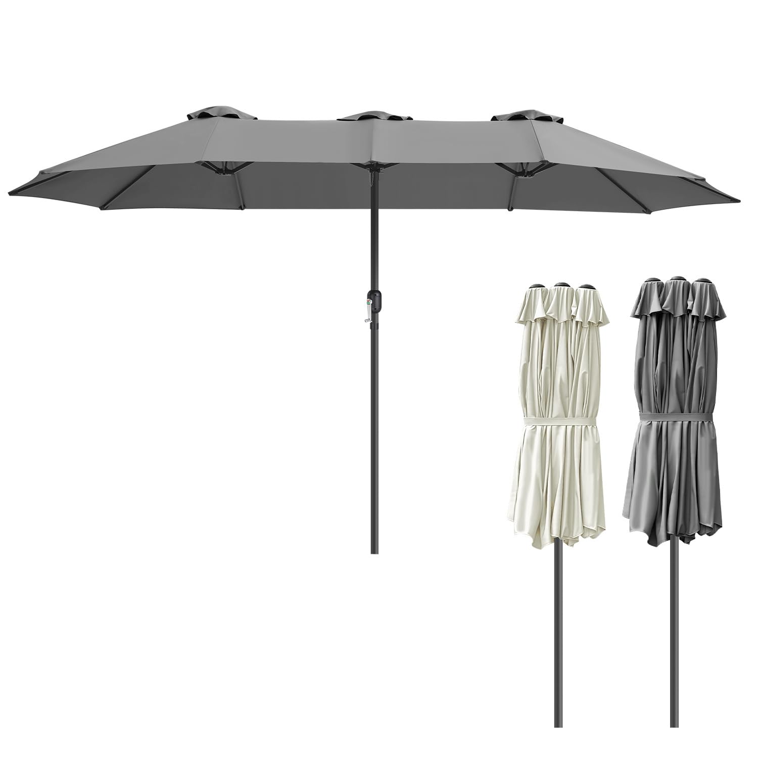 Podwójny parasol przeciwsłoneczny, prostokątny, 464 x 279 cm, z korbą ręczną, duży parasol ogrodowy, na taras, 12 stalowych żeber, ochrona przed promieniowaniem UV 50+, wiatroszczelny, szary