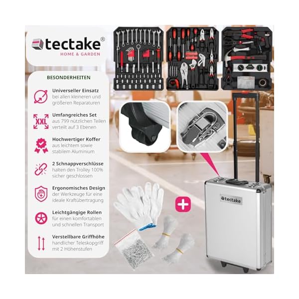 tectake® Werkzeug Set im Aluminium Koffer, Werkzeugkoffer gefüllt 799-tlg., Tool Werkzeugwagen fahrbar, Trolley mit 3 Ebenen und Teleskopgriff, Werkzeugkiste groß für Profi und Haushalt - silber – Bild 4