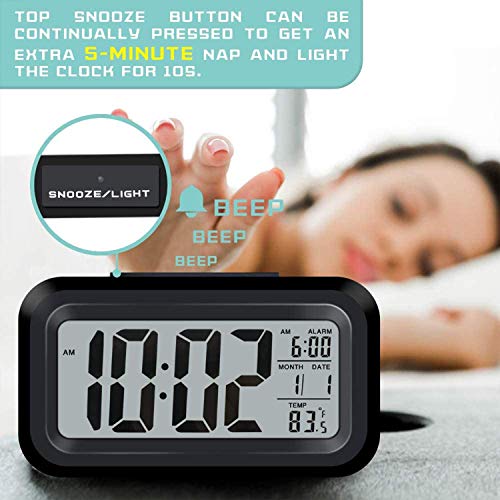 Image of PEAKFINITY Plastic Digital Smart Backlight Battery Operated Alarm Table Clock with Automatic Sensor, Date & Temperature (Black)