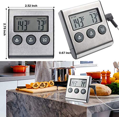 Thermomètre numérique à viande d'four & Chronomètre, grande LCD Thermomètre alimentaire de cuisine numérique avec sonde, acier inoxydable lecture instantanée Grill / thermomètres de rousseur pour la cuisine de four extérieur fumée BBQ Turquie, Argent