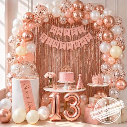13th Birthday Decorations - Rose Gold 13 Birthday Decorations Include Banner Fringe Curtains Latex Balloons Crown Sash Cake Topper & Number Balloon for BD Party Decor