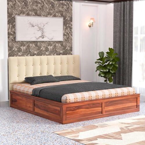 Image of Sheesham Wood King Size Bed with Storage Box | Double Bed for Home | Platform Cot with Cushioned Headboard | Upholstered Beds | Recommended Mattress 78x72 Inch | Cream & Honey Finish