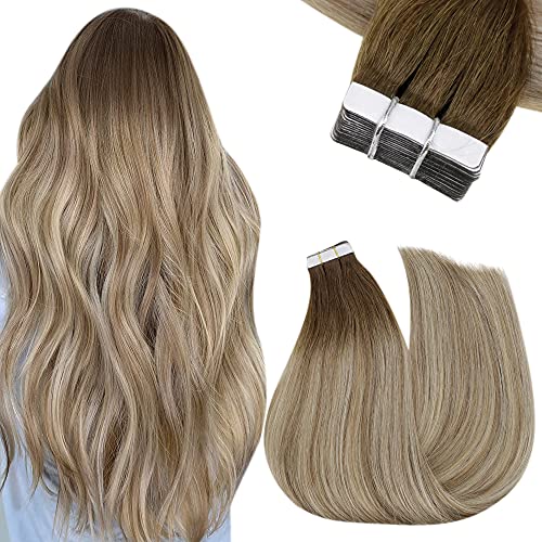 Easyouth Tape in Human Hair Extensions Dark Brown Fading to Golden Blonde Highlighted Ash Brown Color Hair Extensions Tape ins Remy Hair Invisible Tape ins 20 Inch 50g 20 Pieces