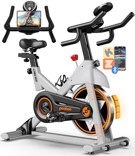 Image of pooboo Exercise Bike, Brake Pad Stationary Bike for Home with Exclusive App, Adjustable Resistance Quiet Indoor Cycling Bike with 350lbs Weight Capacity Extra Comfort Seat,Indoor Cycling Spin Bike Workout Bike with Tablet Holder and Fitness Courses for Weight Loss