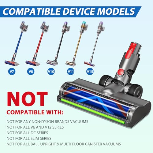 Image of 2 Replacement Vacuum Cleaner Heads for Dyson V7 /V8 /V10 /V11 /V15 | Anti-Tangle Motor-Driven Brush Roll with LED Light Dust Detection | Quick-Release Attachments for Carpets, Hardwood Floors & Tiles