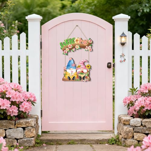 Image of HPNIUB Spring Welcome Door Sign, Cute Gnome Hanging Sign for Home, Farmhouse Colorful Flowers Spring Wall Decor for Indoor outdoor Front Door Window Yard Wall Decorations