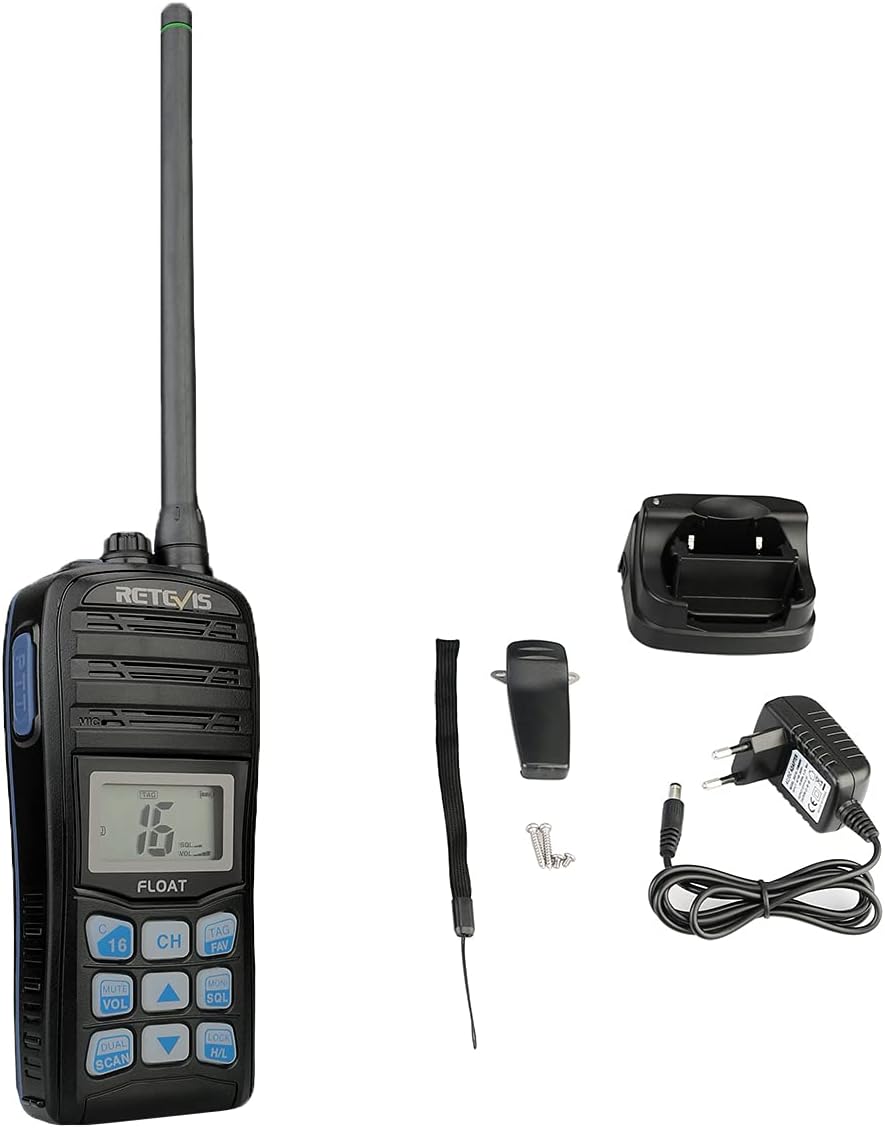 Retevis RT55 Marine Radio in its charging cradle with power adapter connected.
