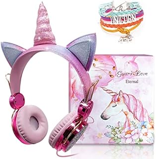 Kids Headphones, Unicorn Sparkly Rhinestone Childrens Headphones for Girls, Wired Headphones Over ear with Unicorn Bracelet Gift, Adjustable Stereo Headphones w/Mic and Volume Control (Princess pink)