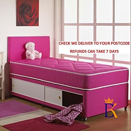 CustomBeds SINGLE DIVAN BED FOR ADULTS OR KIDS WITH MATTRESS + STORAGE + FREE HEADBOARD (3FT 2 DRAWERS, PINK)