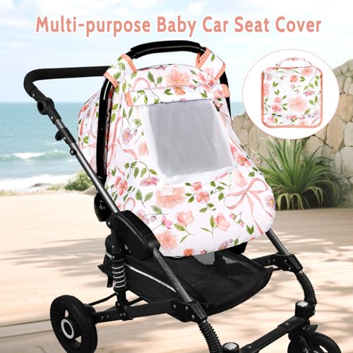Image of Windproof Baby Car Seat Cover, 3D Mink Dot Infant Car Seat Canopy with Breathable Mesh Window, Baby Carrier Cover for All Seasons, Easy Access Carseat Carrie Snug Fit Stroller, Pink Bow