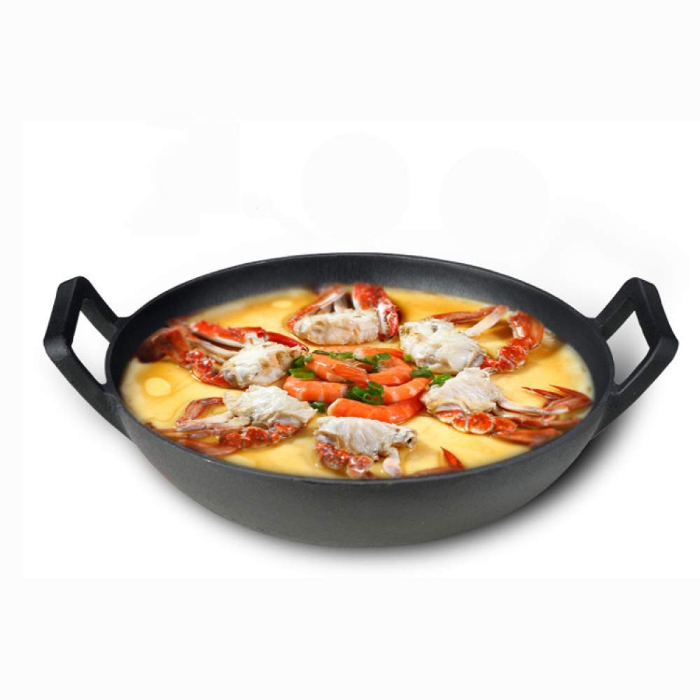 Niepowlekana żeliwna patelnia do woka, pogrubione podwójne ucho okrągłe dno, kuchenka indukcyjna gazowa uniwersalna, drewniana pokrywa, 34 cm