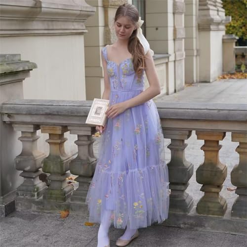 Embroidery Floral Prom Dresses for Women Tea Length Flowy Tulle Corset V Neck Modest Formal Party Dress with Pockets3