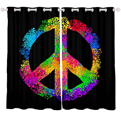 Feelyou Hippie Peace Art Curtains Peace Sign Artwork Boys Kids Window Curtains for Bedroom Living Room Colorful Tie Dye Windows Drapes Rainbow Room Decoration,42 X 84 Inches,2 Panels