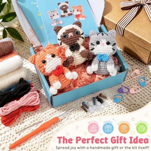 Image of Fortuning's JDS Crochet Kit for Beginners, 3 Cat Crochet Animal Kit Starter | w / Step-by-Step Video Tutorials, Beginner Crochet Kit for Adults, Bow-Wearing Cat Crochet Set, Crochet Gifts for Cat Lovers