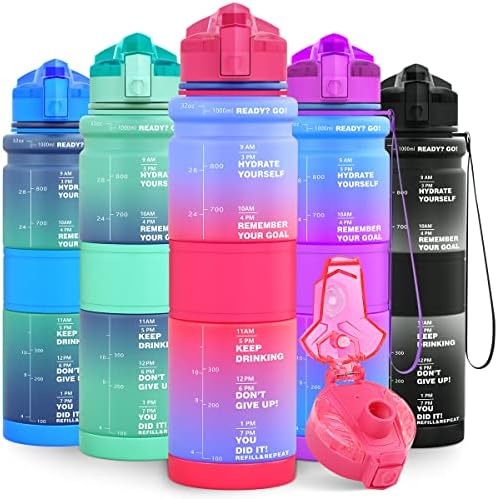 Lunidry Sports Water Bottle, 1l/500ml Motivational Water Bottle Kids, BPA Free Leakproof Reusable Drink Bottles with Times to Drink & Lock Cover & Fruit Infuser, for Gym, School, Running, Cycling