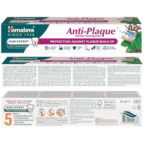 Himalaya Anti-Plaque Ziołowa Pasta do Zębów 75 ml | Skład Naturalnego Pochodzenia | Ochrona przed Płytką Nazębną | Wegańska Formuła bez Fluoru| Bezpieczna dla Szkliwa | Świeży Oddech