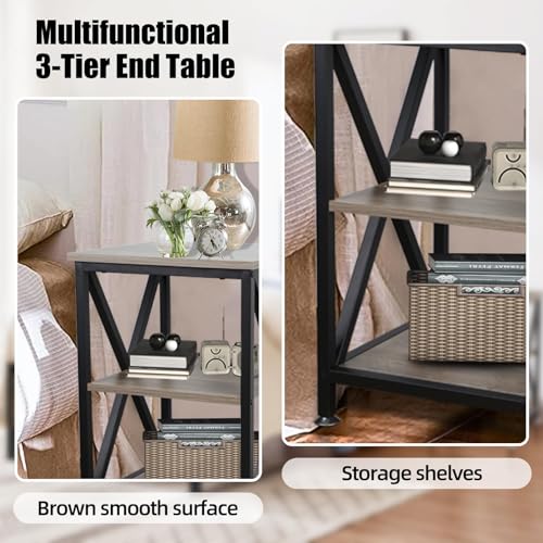 Image of TooCust Square End Table with Storage Shelf, 16 inch D X 16 inch W X 24 inch H, 3-Tier End Table Living Room, Rustic Brown End Tables, X-Shaped Night Stand for Bedroom, Farmhouse Wood End Tables, Grey