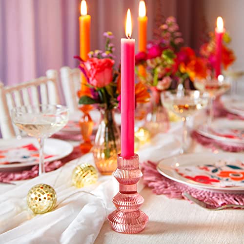 Talking Tables Baby Pink Glass Candlestick Holder | Ribbed 3 Tier Taper Candle Stand For Home Décor, Accessories, Table Decorations, Indoor Or Outdoor Dinner Party, Birthday, Wedding #TOP1