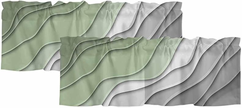 Sage Green Grey Ombre Curtain Valances for Windows, Modern Moire Kitchen Valance Window Treatments Panel 2 Pack, Geometric Abstract Rod Pocket Short Curtains for Bathroom Bedroom 54x18Inch