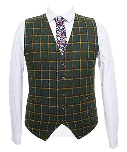 GATMSTZ Mens Formal Checked Tweed Blend 3 Piece Suits Slim Fit Groom Prom Plaid Tuxedos3