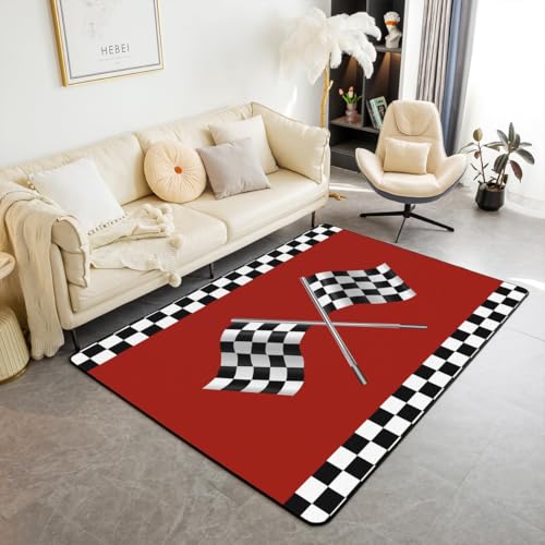 Castle Fairy Checkered Flag Print Rug 3'x5',Race Car Themed Decor