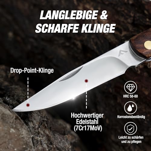 FLISSA Taschenmesser Klappmesser mit edlem Holzgriff, Outdoor Messer mit 7Cr17MoV Klinge, Ohne Verriegelung, Leicht & tragbar, Geschenkverpackung – für Camping, Alltag & Outdoor