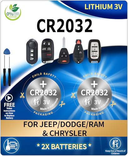 Key Fob Replacement Batteries for Jeep Dodge Ram Chrysler (Cherokee Caravan Town & Country Charger Compass Durango Challenger Journey Renegade Pacifica Patriot) CR2032 Remote Fobik (Pack of 2)