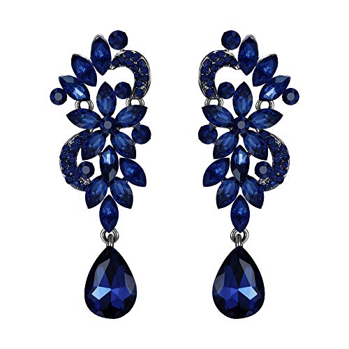 Brilove Wedding Bridal Clip On Earrings For Women Bohemian Boho Crystal Flower Chandelier Teardrop Bling Long Dangle Earrings Navy Blue Sapphire Color Black-Silver-Tone #TOP29