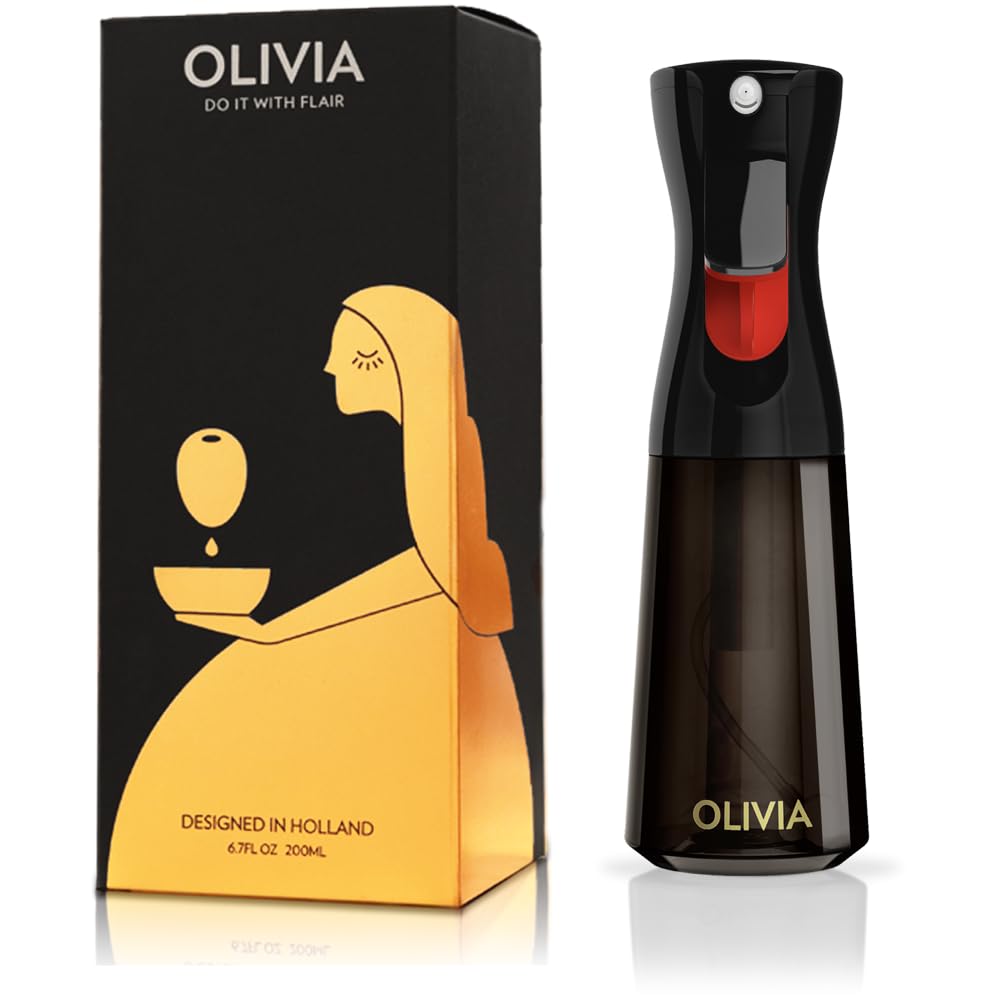 FLAIROSOL OLIVIA Oil Sprayer for Cooking, 200ml Glass Olive Oil Sprayer, Continuous Cooking Spray Dispenser with Portion Control for Kitchen, Air Fryer, Salad, BBQ (Black Bottle, Gold Print)