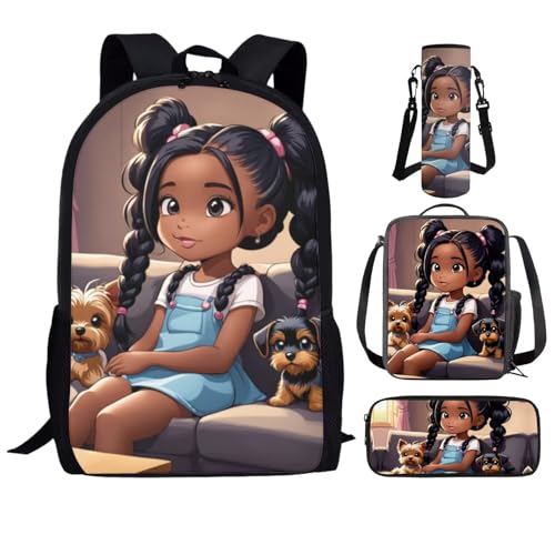 African Black Backpack and Lunch Bag Set for Girls Primary/Kindergarten Bookbag Lunch Box Pencil Pen Case Book Bag Lunchbox Water Bottle Holder