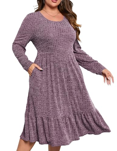 ShopWonder Ribbed Knit Sweater Dress Plus Size Women Stretchy Comfy Casual Fall Dress with Pockets Purple XL