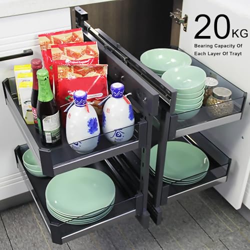Wysuwany organizer na półki, organizer narożny do szafek kuchennych, dwupoziomowy z 4 półkami, miękkie zamknięcie, minimalne otwarcie, 30 cm, kompatybilny z lewym i prawym otwarciem