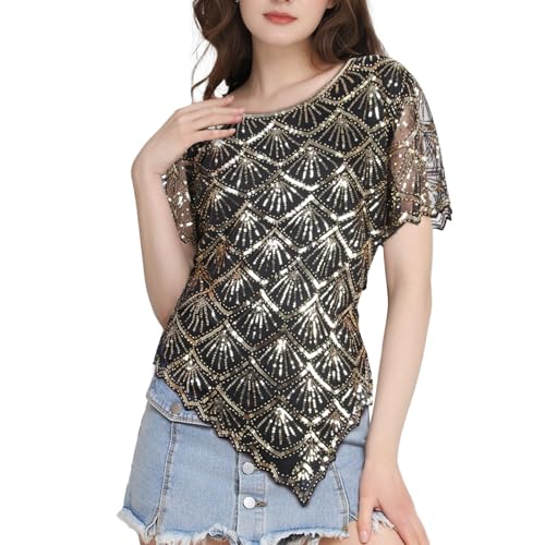 Vijiv Women's Chic Sequin Beaded Top Shimmer Glitter Blouse Fish-Scale Bell Sleeve Irregular Hem Formal Gatsby Shirt