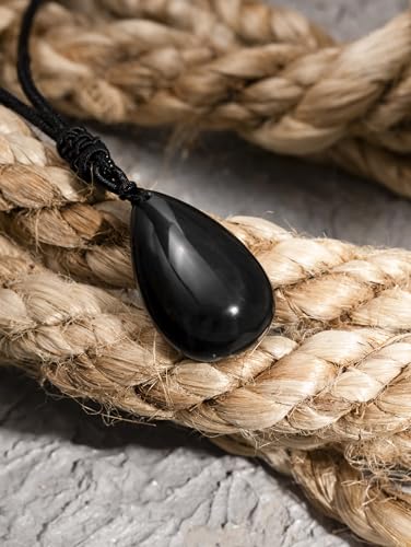 MINACHI Black Obsidian Teardrop Pendant Necklace with Braided Cord, Fashion Statement Jewelry Gift for Men and Women4