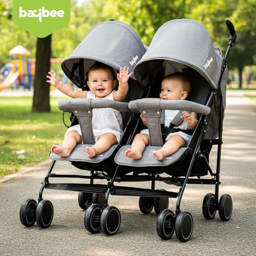 Image of Baybee 2-in-1 Twin Baby Stroller for 0-3 Years | Lightweight Foldable Pram for 0 to 5 Years | Adjustable Canopy, Safety Guardrail, Wheel Lock & Parental Handle | Baby Stroller for Boys & Girls (Grey)
