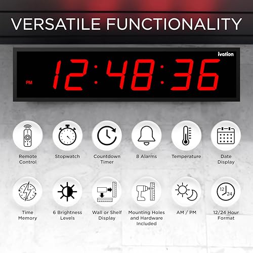 Image of Ivation Huge 24 inch Large Digital LED Clock with Stopwatch, Alarms, Countdown and Temperature Timer, Red, 6 Level Brightness, Mounting Holes and Tools