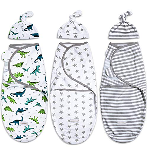 Image of Cute Dinosaur Print Baby Boy Swaddle Set with Hat - 3-Pack for 3-6 Months