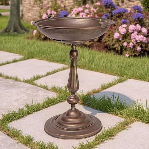 Zaer Ltd. Ornate Pedestal Style Birdbath with Cast Iron Birds on Rim Full Base (Bronze)