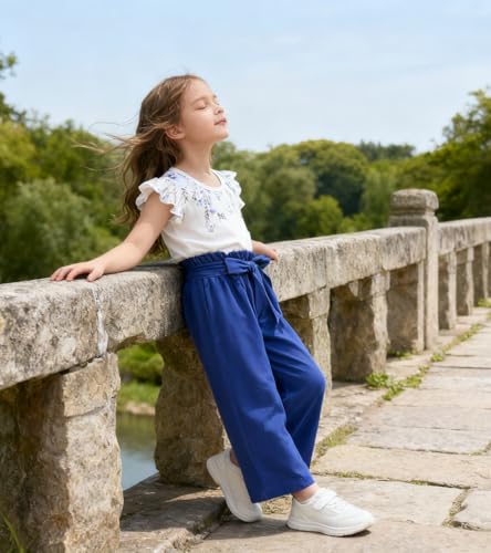 Image of Toddler Kid Girl Clothes Casual Ruffle Sleeve Floral Printed Top Solid Pants with Belt 3PC Outfit Set