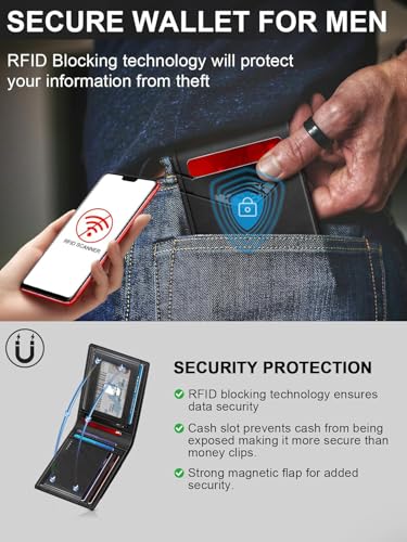 Image of Contacts Slim Leather Bifold for Men | RFID Blocking Card Holder with ID Window | Holds 13-17 Cards, Large Cash Slot | Thin Minimalist Front Pocket Design | Gift for Men (Black)